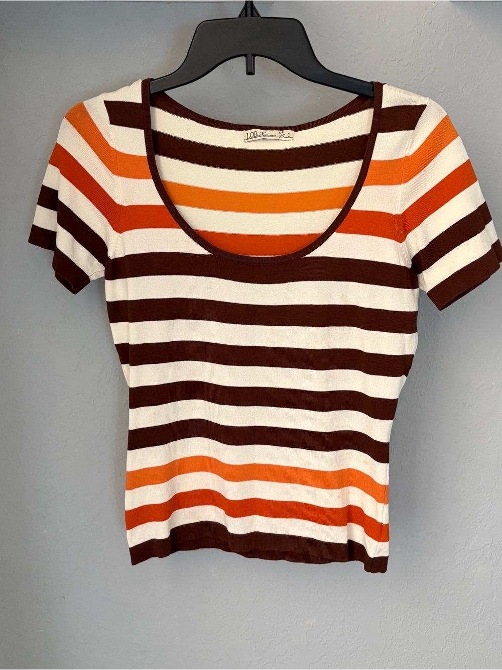 Striped Scoop Neck Tee in Brown, Orange & Cream by 108 Studio